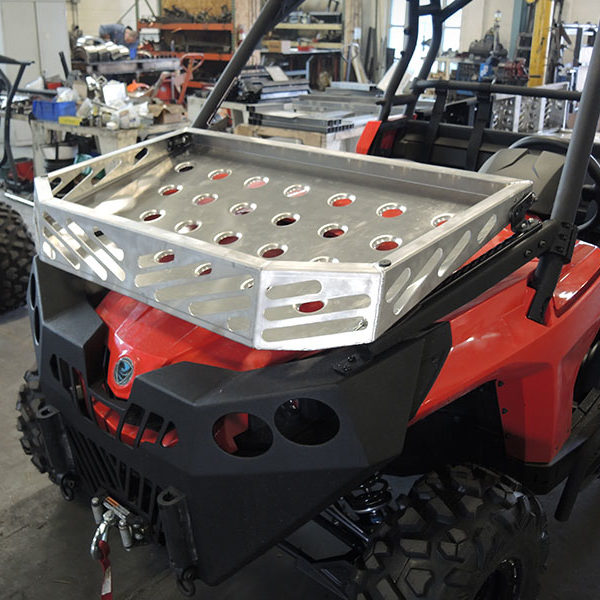 Laser cut, formed, and welded custom UTV front storage rack in Salem, Oregon